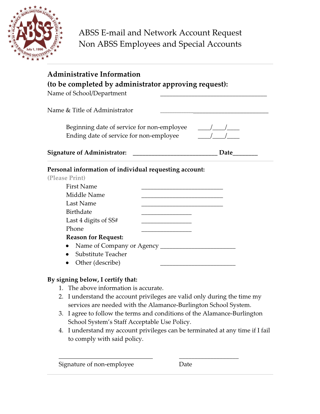 ABSS E-Mail and Network Account Request Form/Agreement