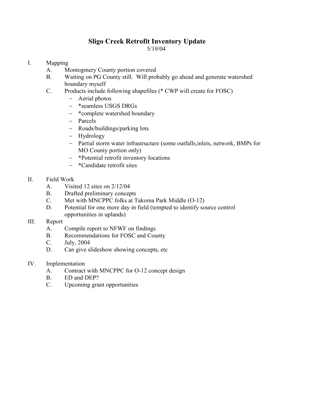 Sligo Creek Retrofit Inventory Update