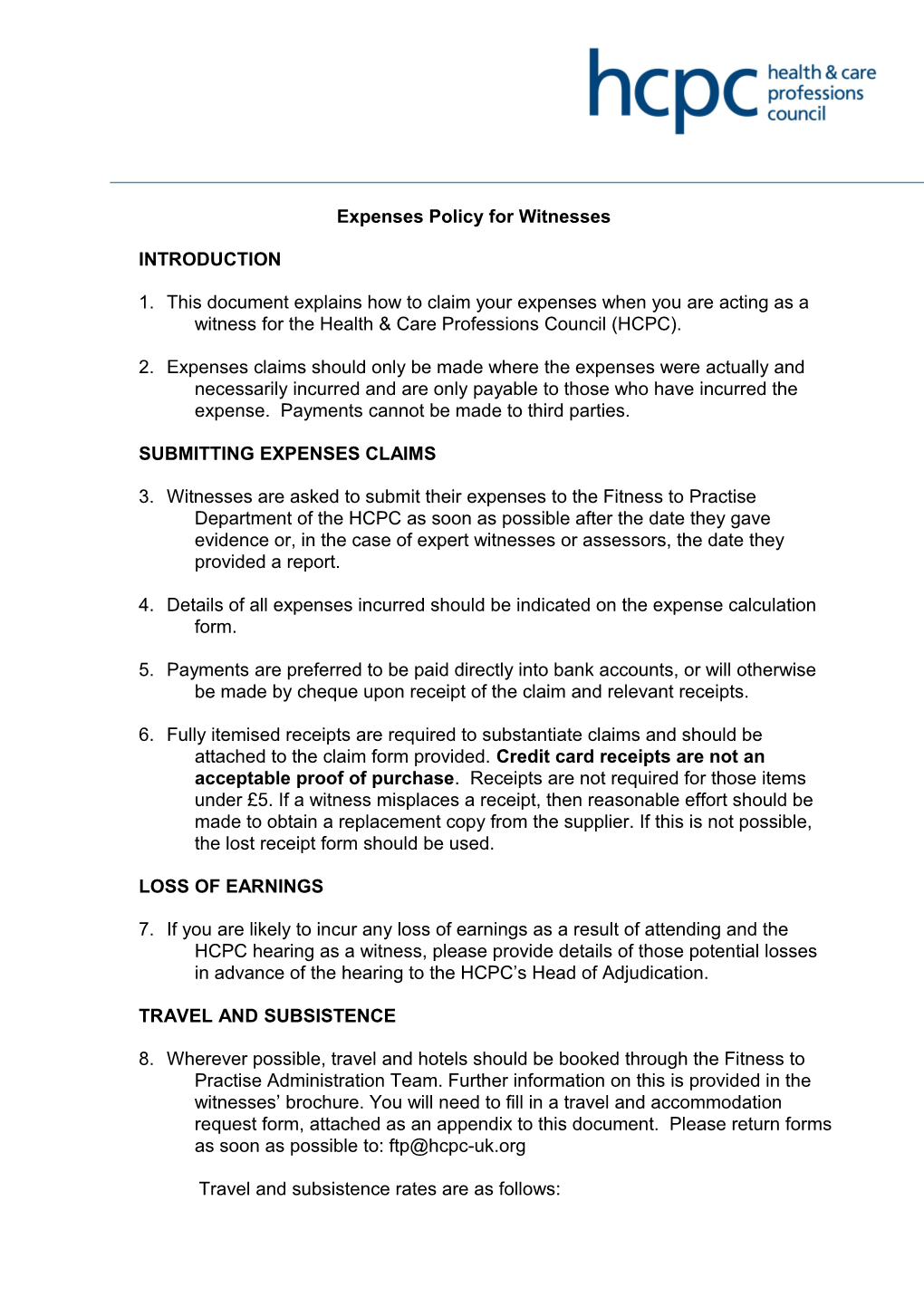 Expenses Policy for Witnesses