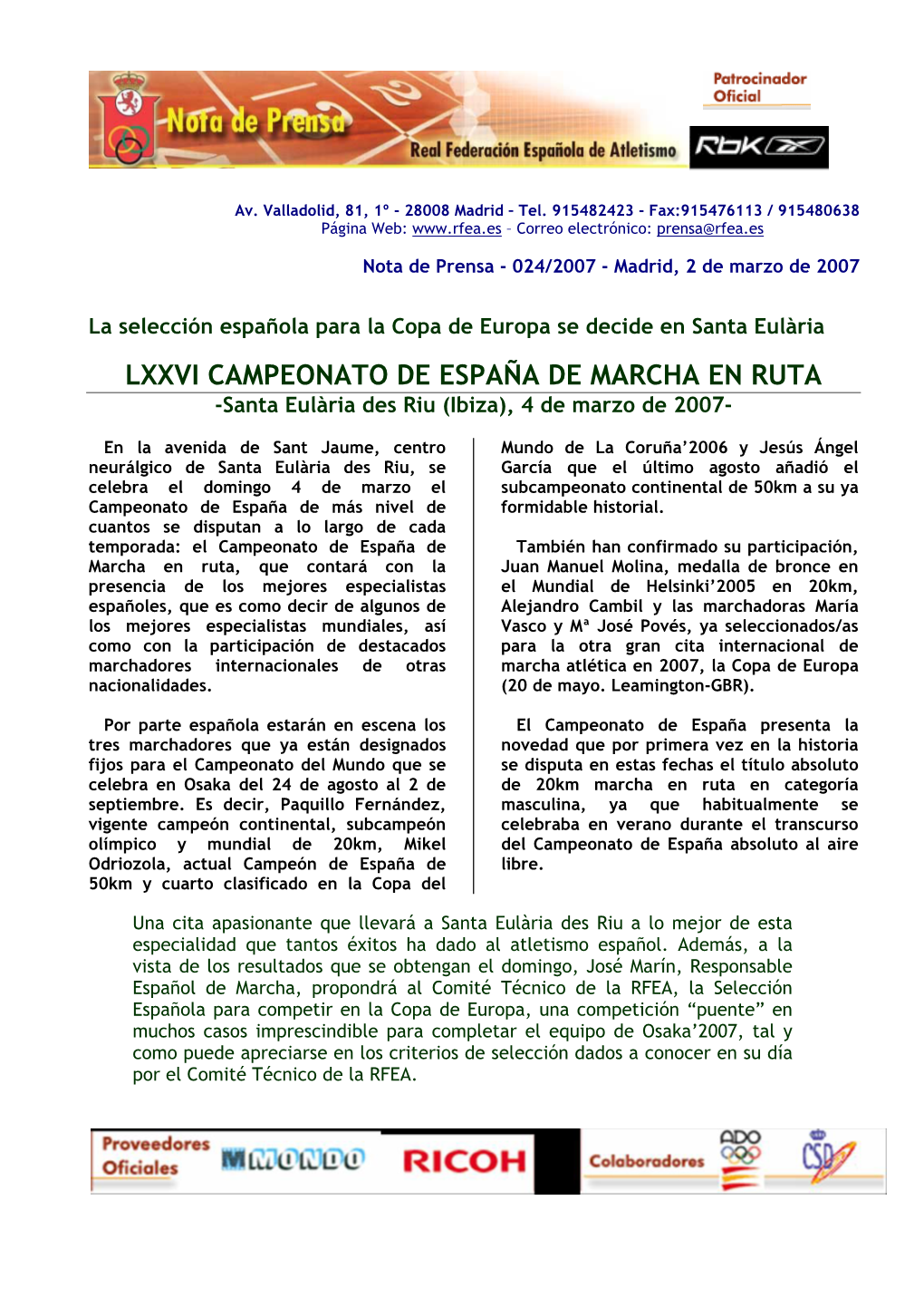 LXXVI CAMPEONATO DE ESPAÑA DE MARCHA EN RUTA -Santa Eulària Des Riu (Ibiza), 4 De Marzo De 2007