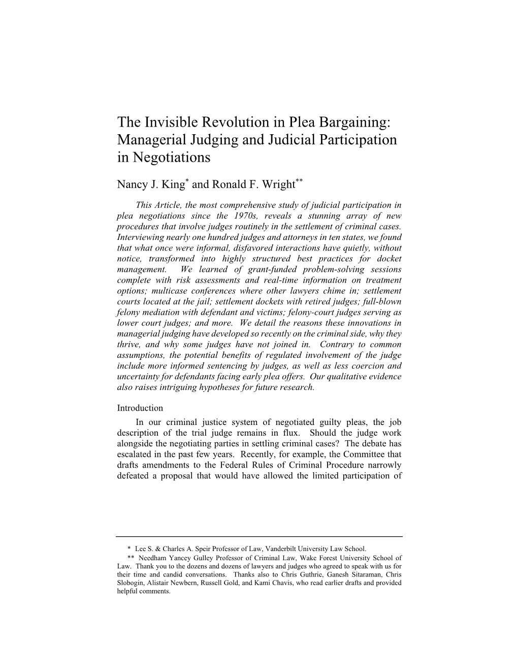 The Invisible Revolution in Plea Bargaining: Managerial Judging and Judicial Participation in Negotiations