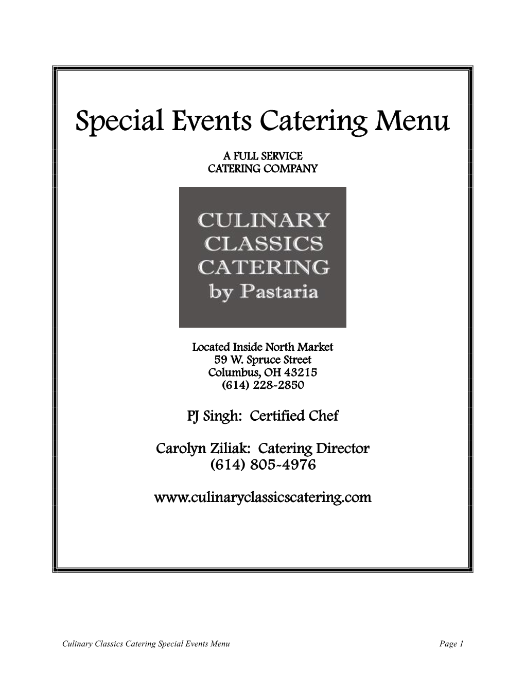 Special Events Catering Menu