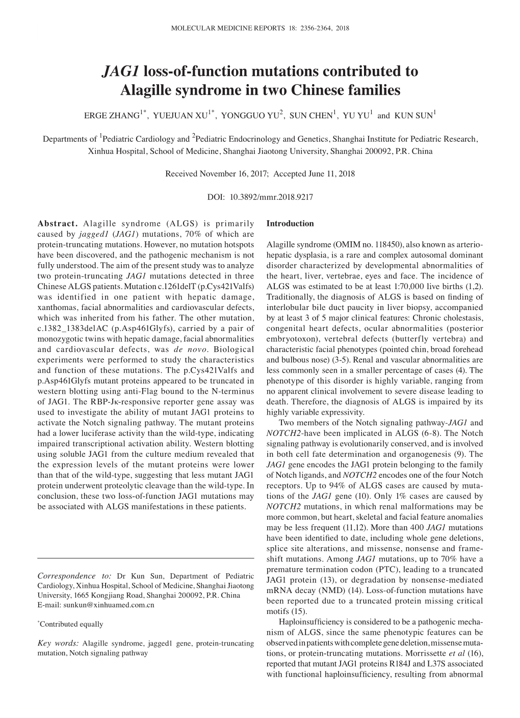 JAG1 Loss‑Of‑Function Mutations Contributed to Alagille Syndrome in Two Chinese Families