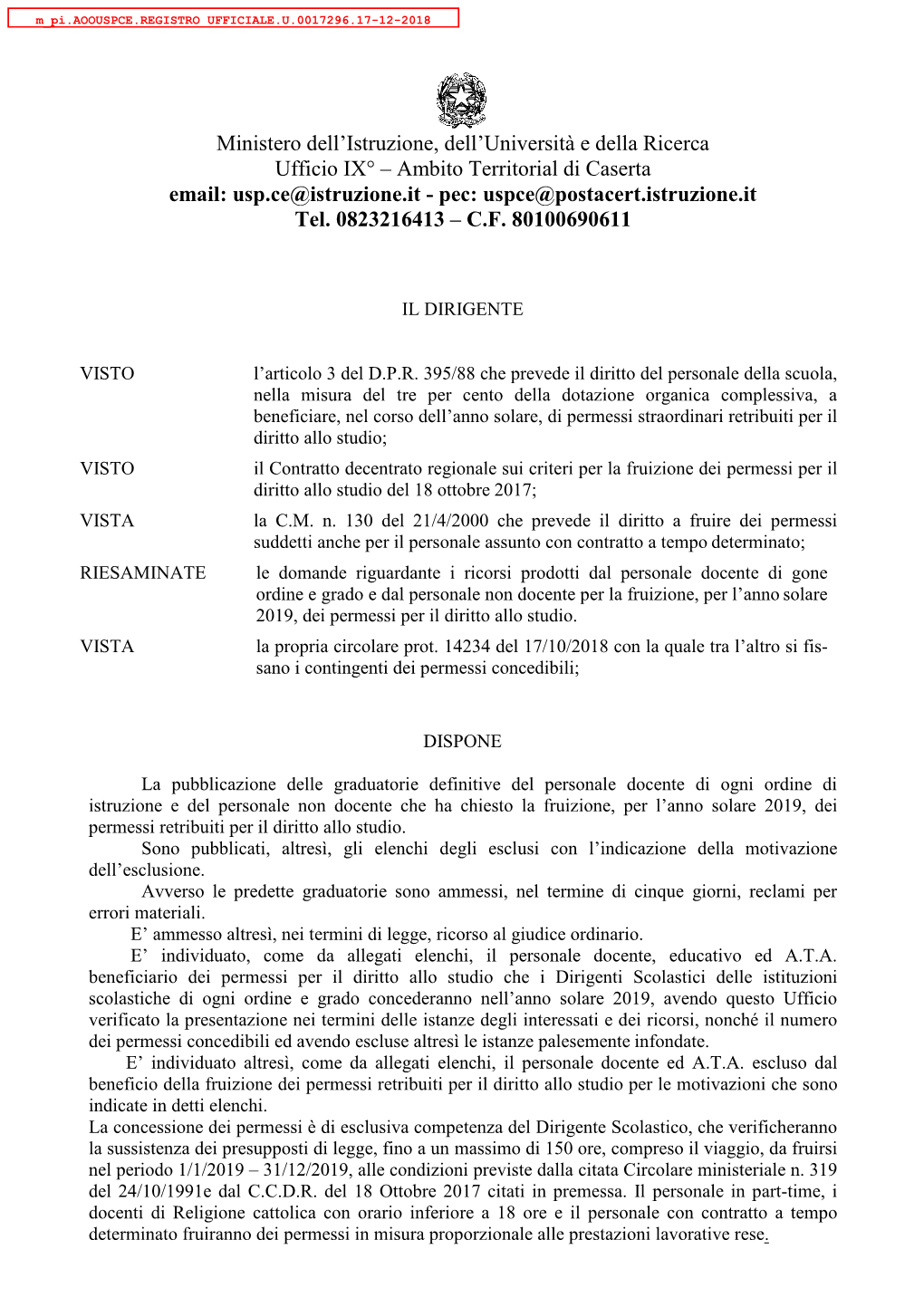 Permessi Per Il Diritto Allo Studio Del 18 Ottobre 2017; VISTA La C.M