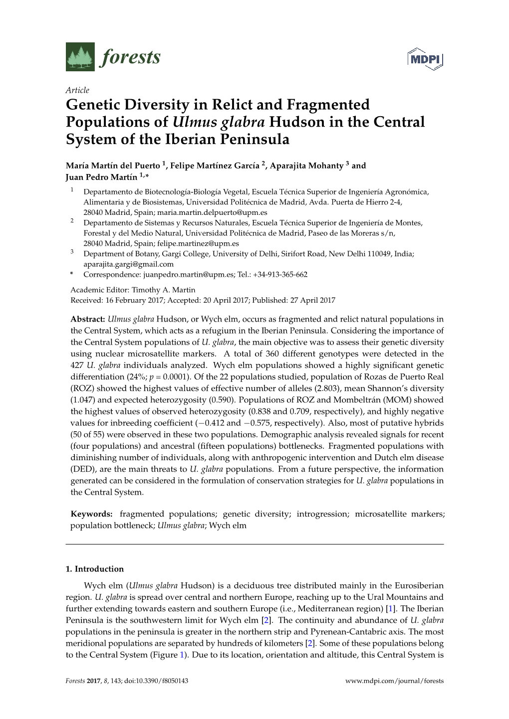 Genetic Diversity in Relict and Fragmented Populations of Ulmus Glabra Hudson in the Central System of the Iberian Peninsula