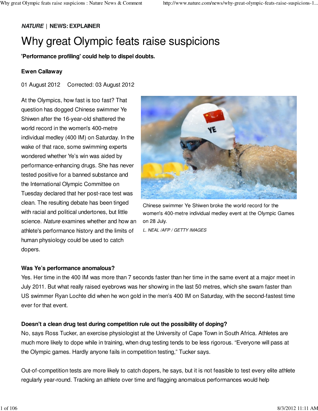 Why Great Olympic Feats Raise Suspicions : Nature News & Comment