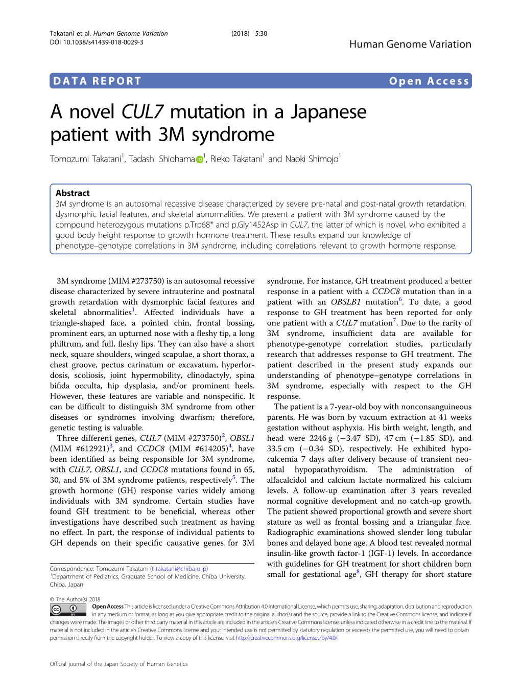A Novel CUL7 Mutation in a Japanese Patient with 3M Syndrome