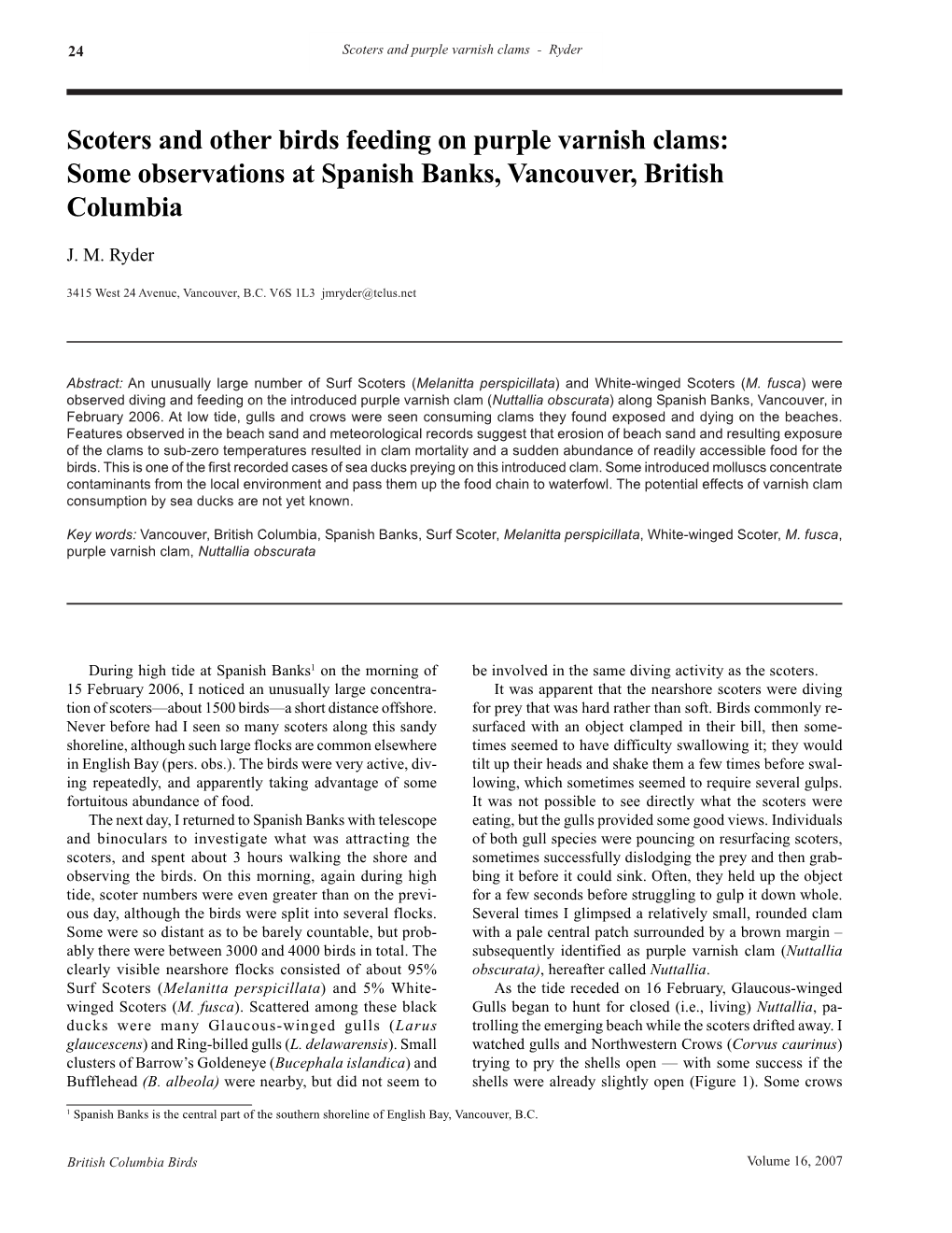 Scoters and Other Birds Feeding on Purple Varnish Clams: Some Observations at Spanish Banks, Vancouver, British Columbia