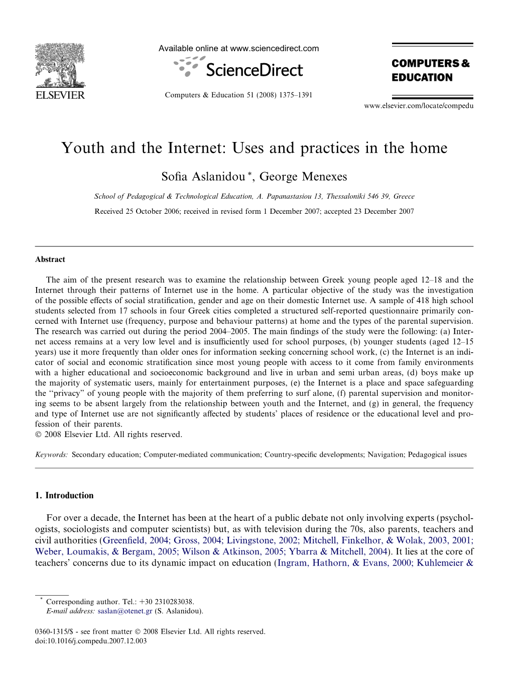 Youth and the Internet: Uses and Practices in the Home