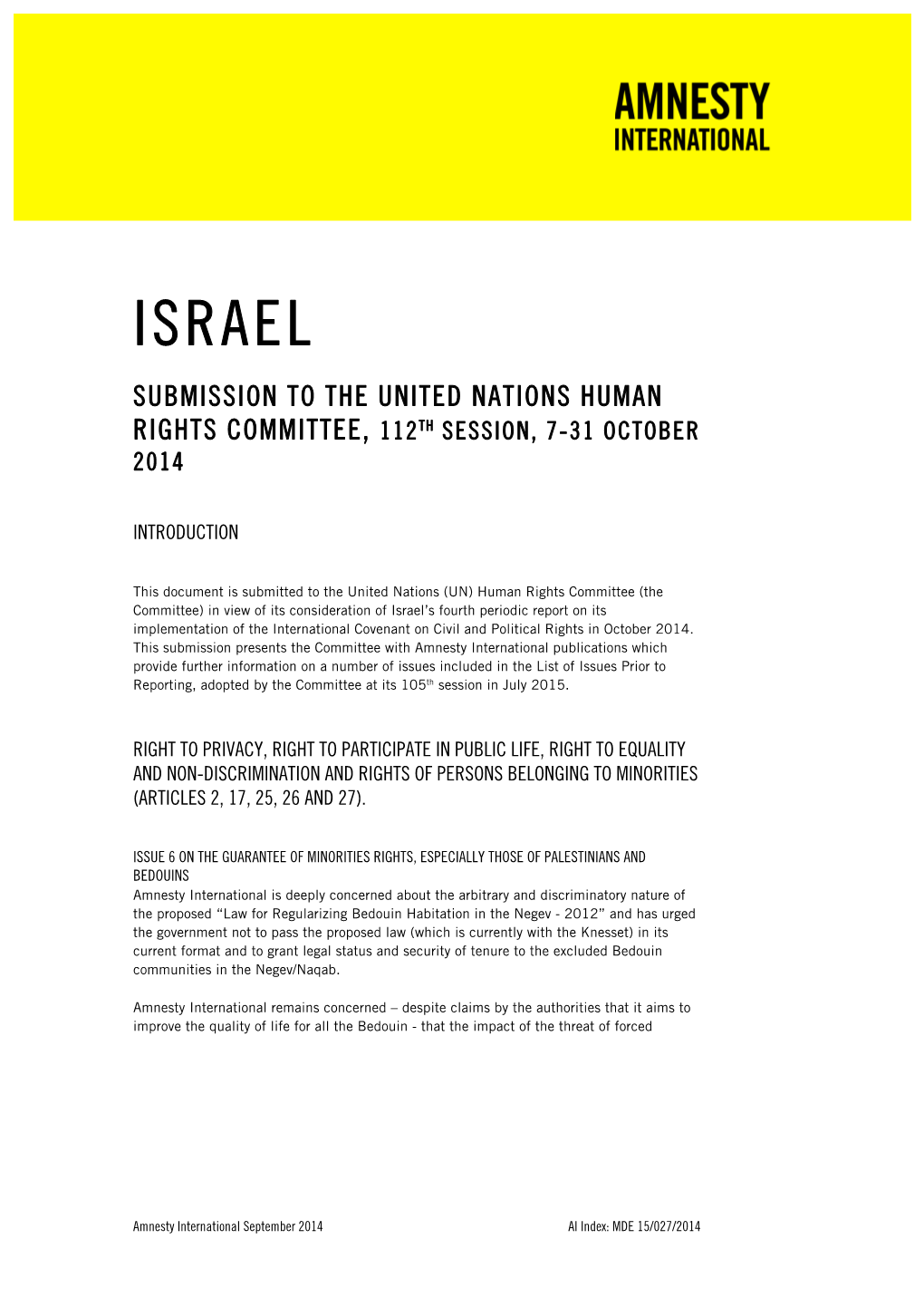 Israel Submission to the United Nations Human Rights Committee, 112Th Session, 7-31 October 2014