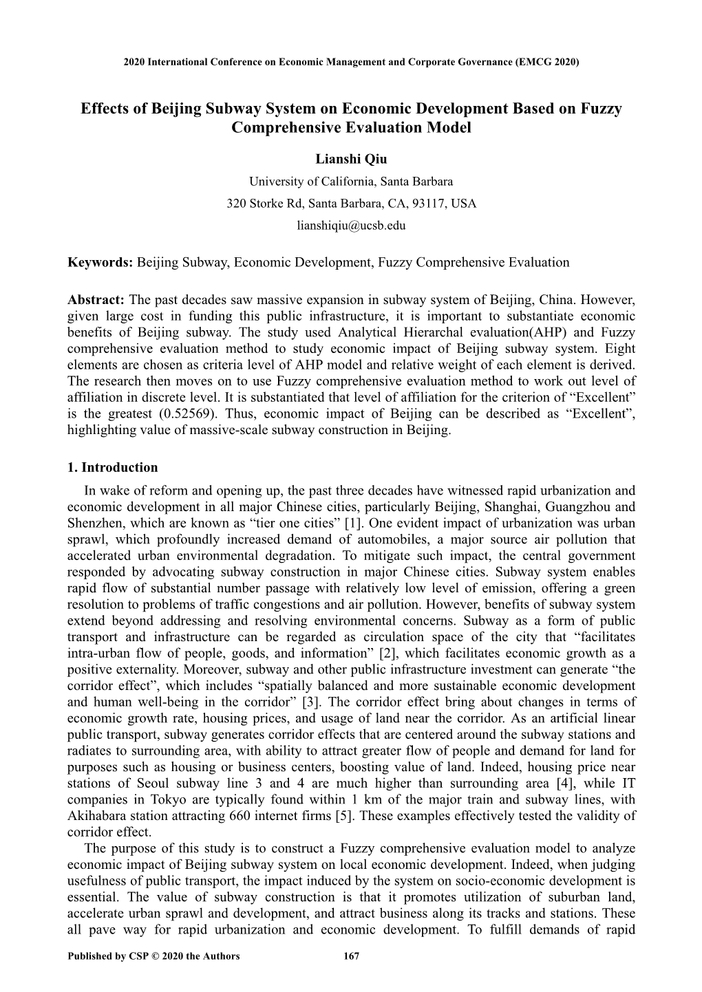 Effects of Beijing Subway System on Economic Development Based on Fuzzy Comprehensive Evaluation Model