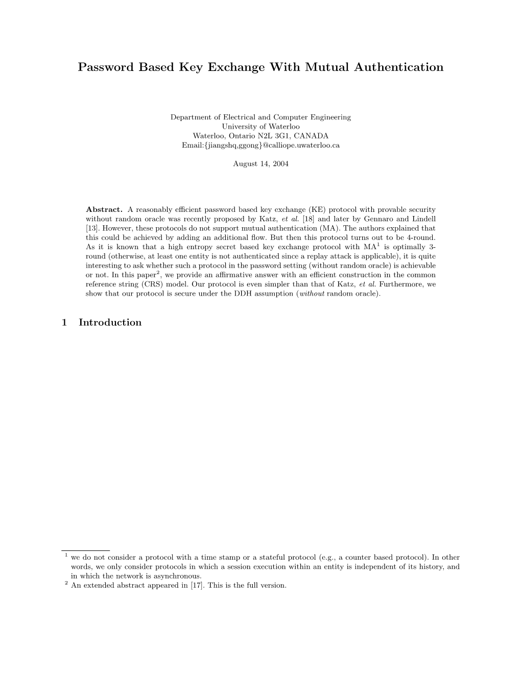 Password Based Key Exchange with Mutual Authentication