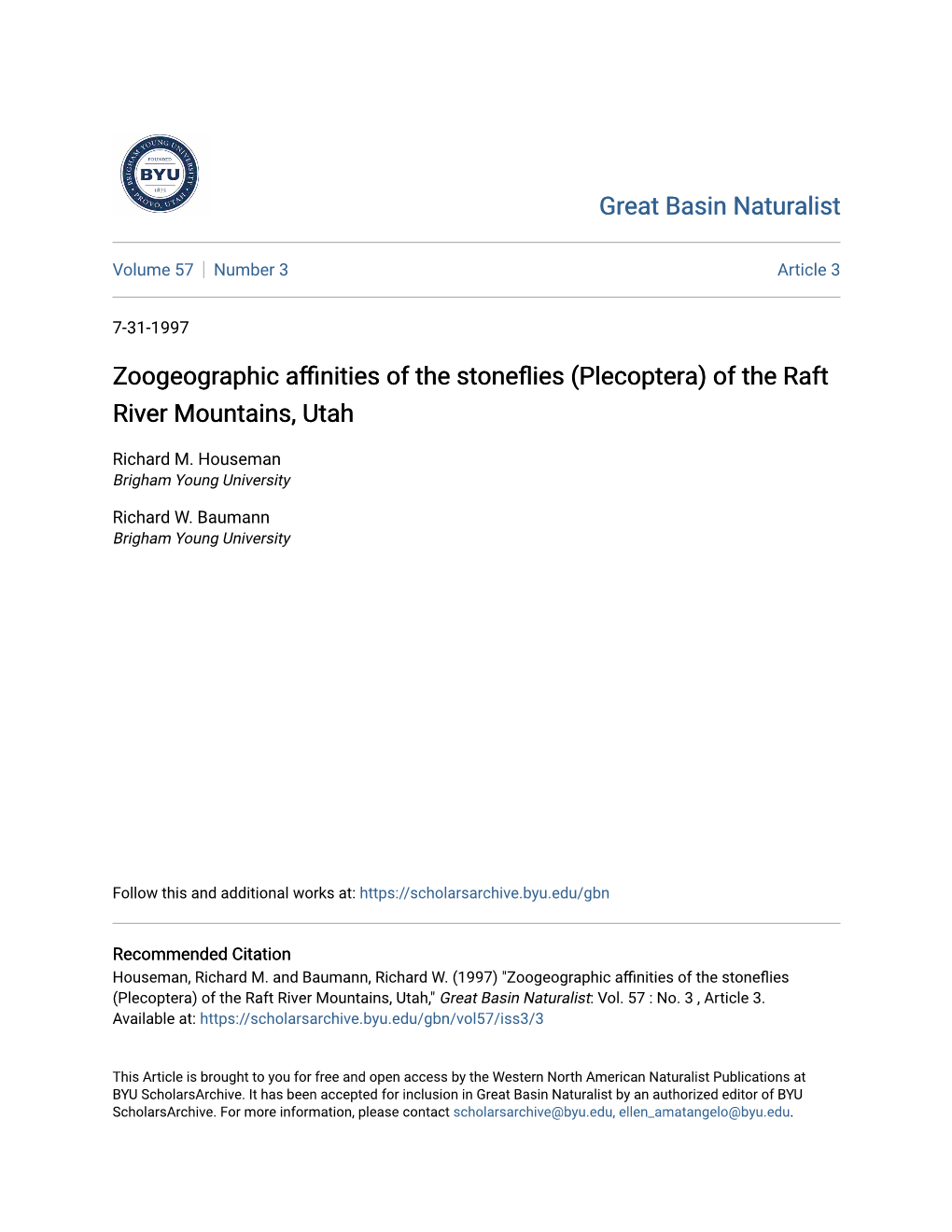 Zoogeographic Affinities of the Stoneflies (Plecoptera) of the Raft River Mountains, Utah