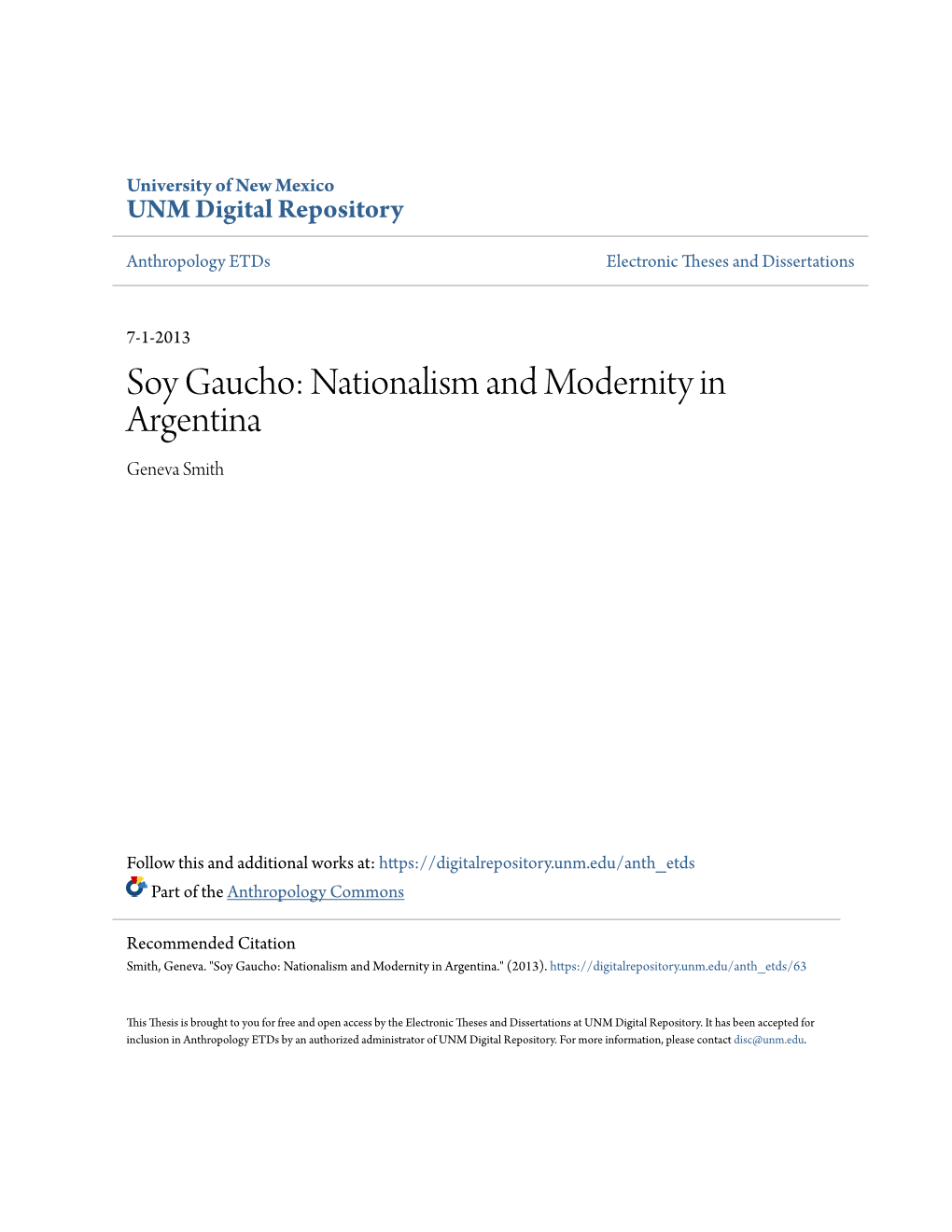 Soy Gaucho: Nationalism and Modernity in Argentina Geneva Smith