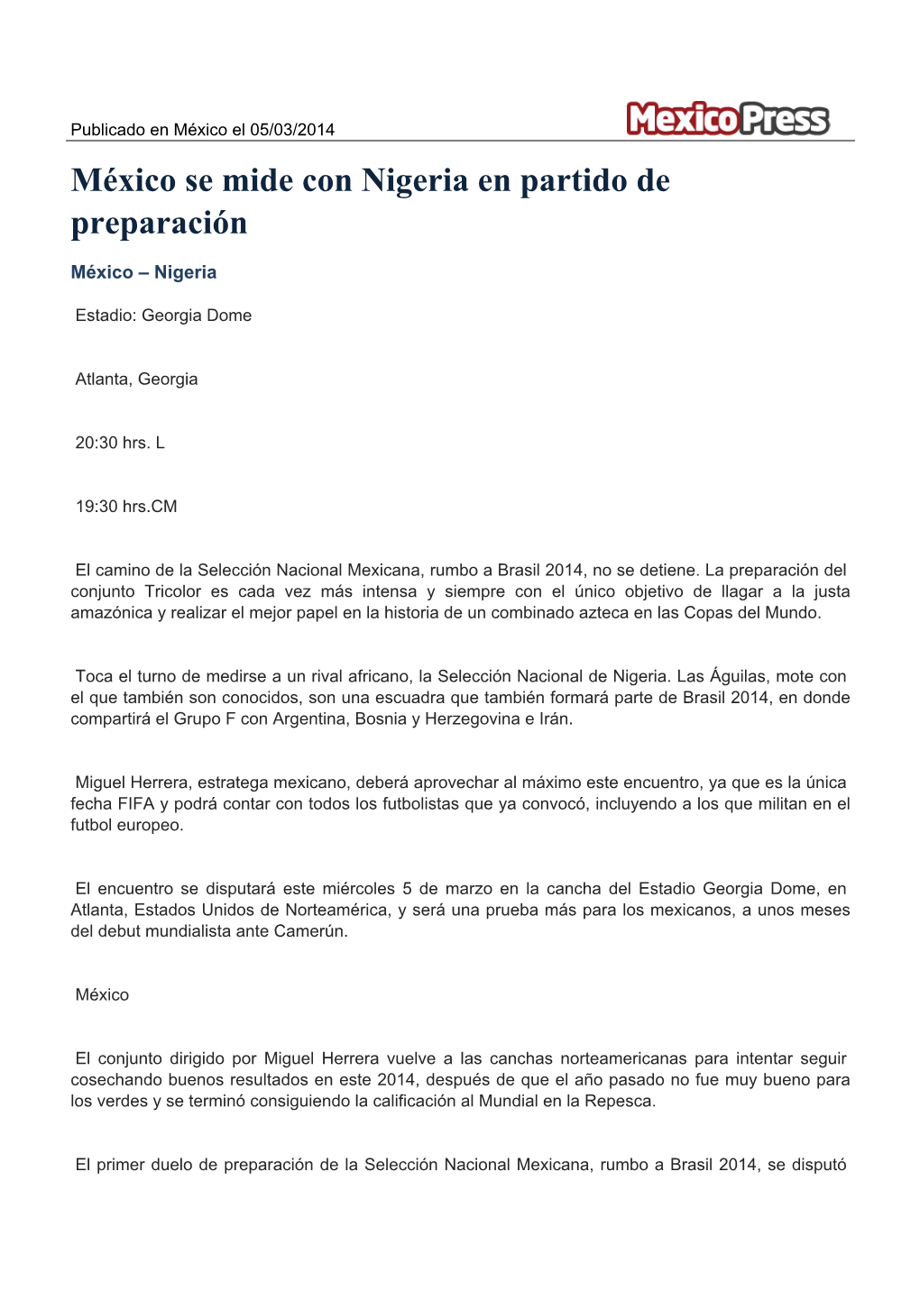 Nota De Prensa México Se Mide Con Nigeria En Partido De Preparación