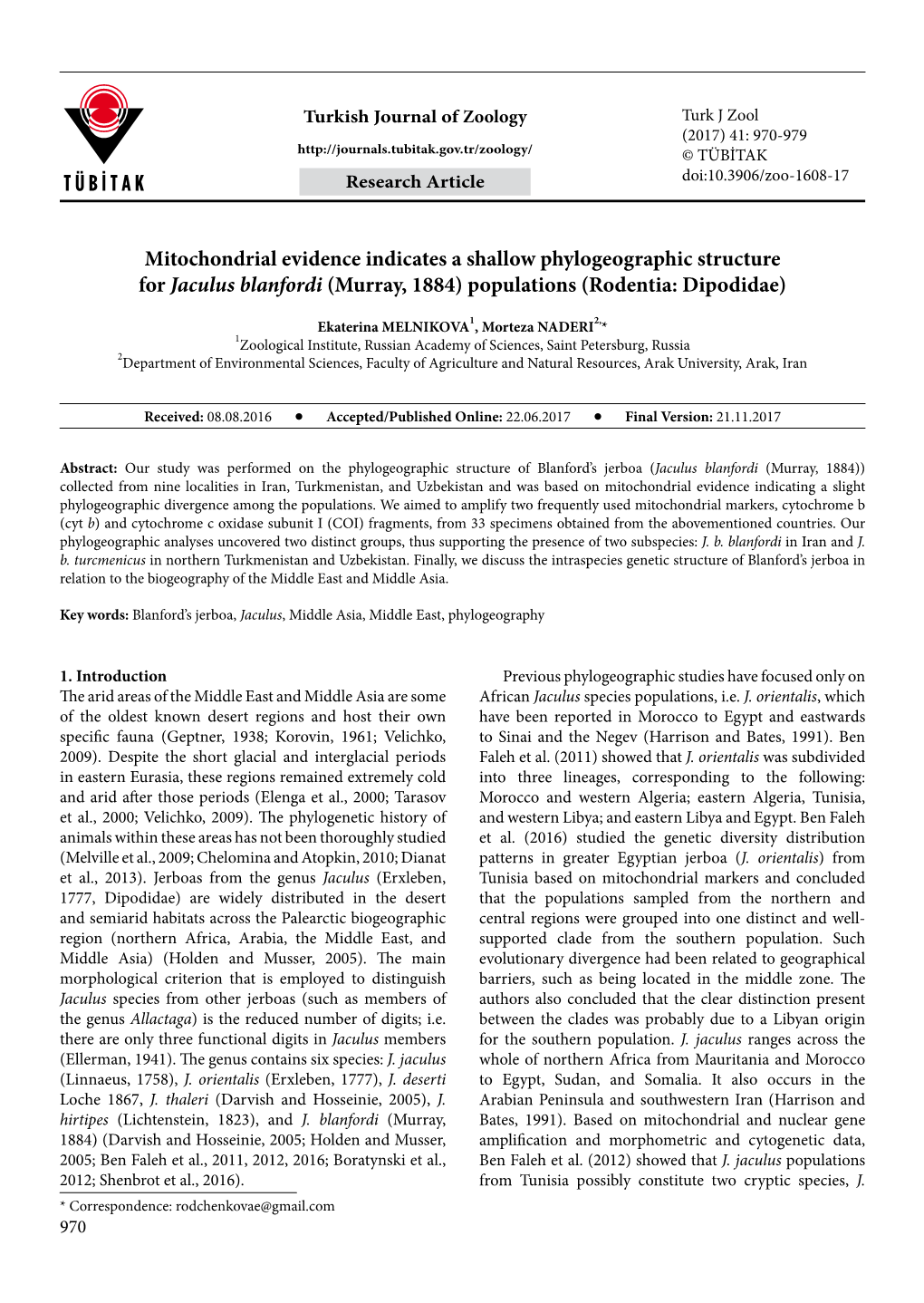 Mitochondrial Evidence Indicates a Shallow Phylogeographic Structure for Jaculus Blanfordi (Murray, 1884) Populations (Rodentia: Dipodidae)