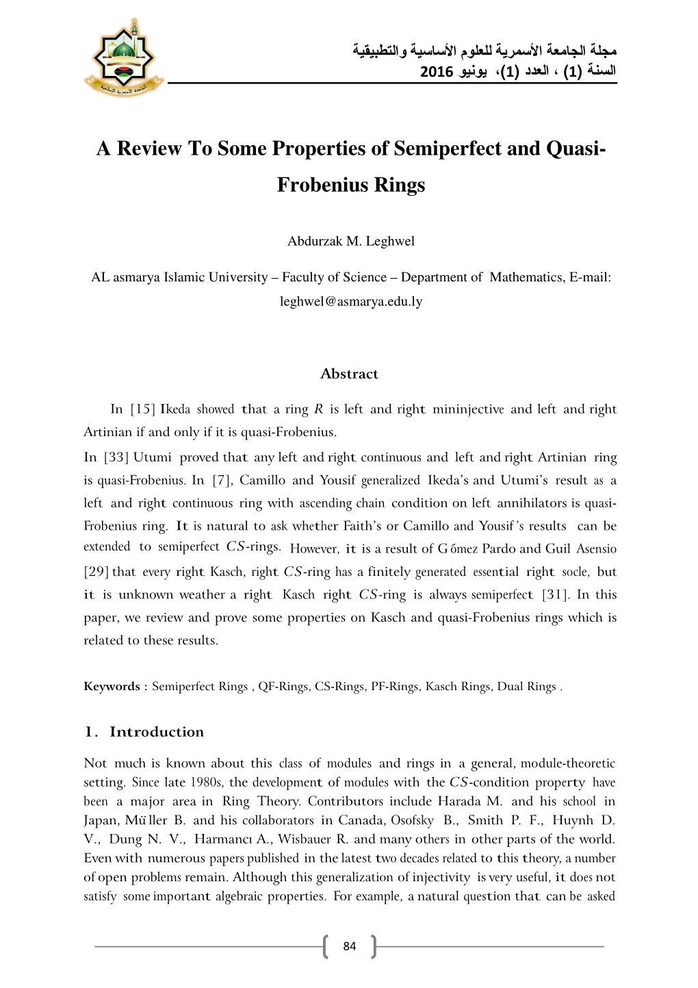 A Review to Some Properties of Semiperfect and Quasi- Frobenius Rings