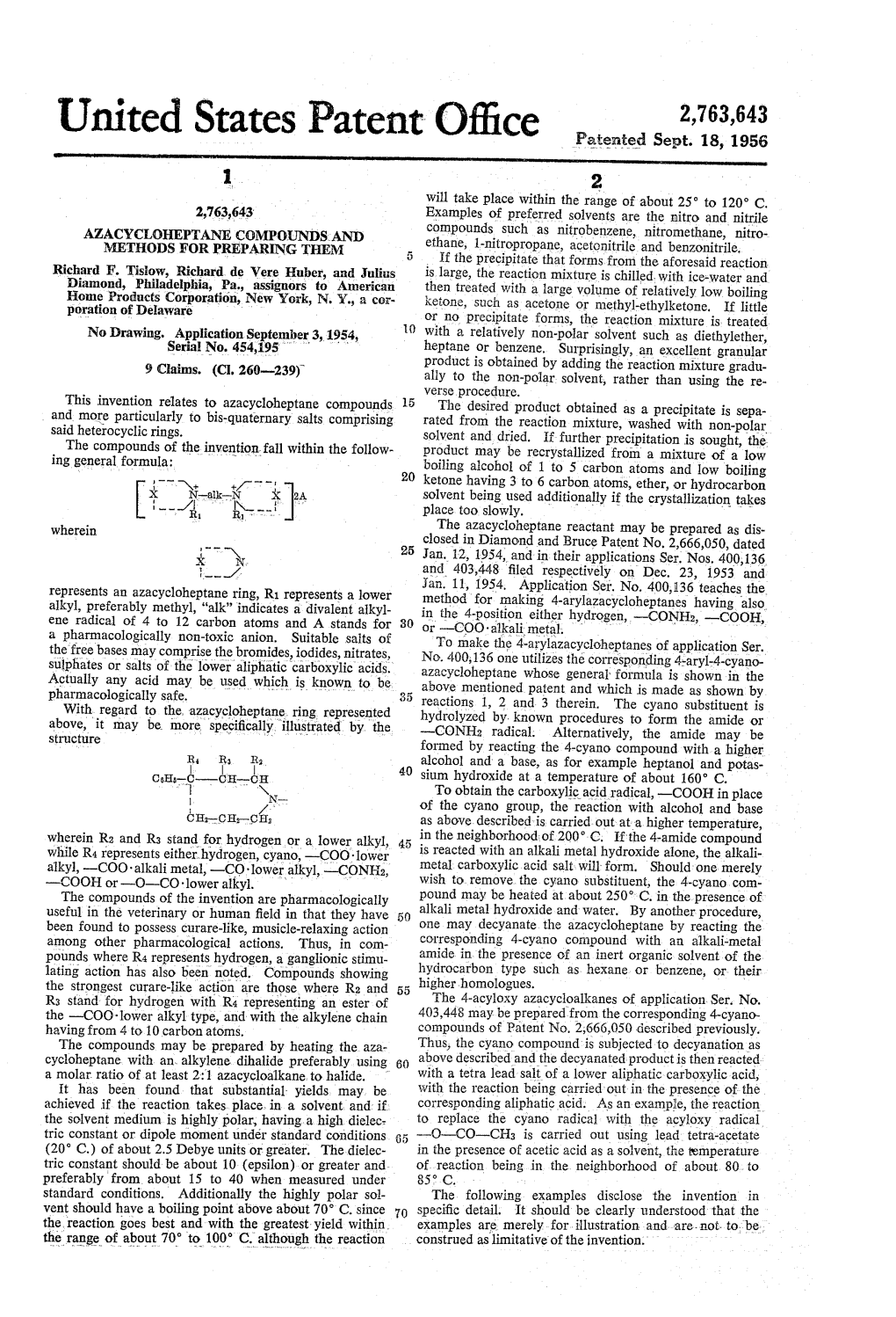 United States Patent Office 2,763,643