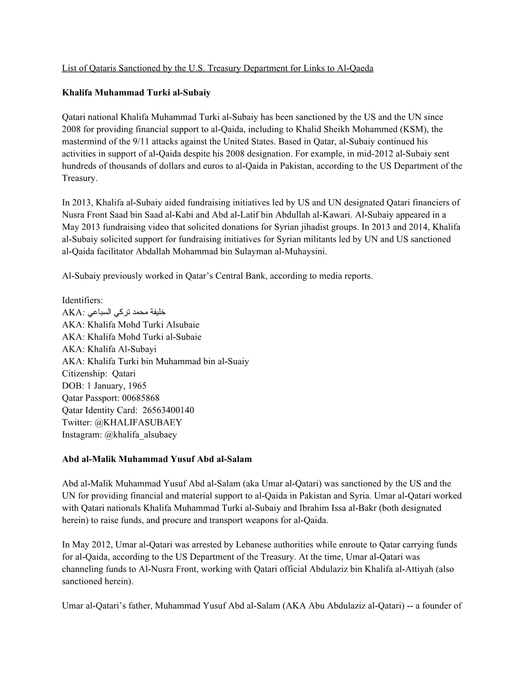 List of Qataris Sanctioned by the U.S. Treasury Department for Links to Al-Qaeda