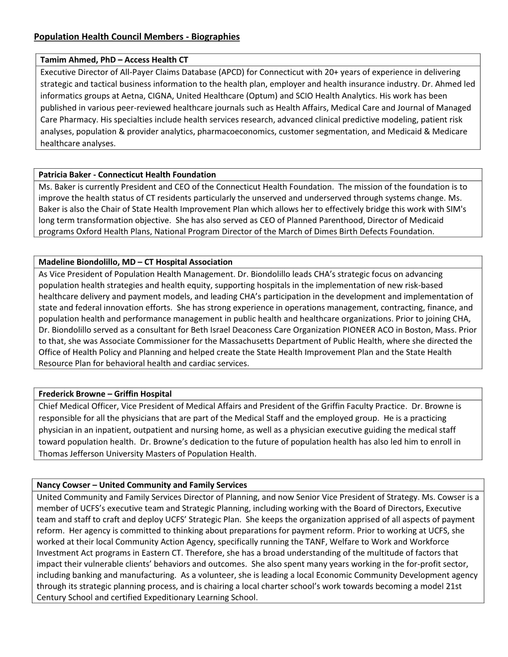 Population Health Council Members - Biographies