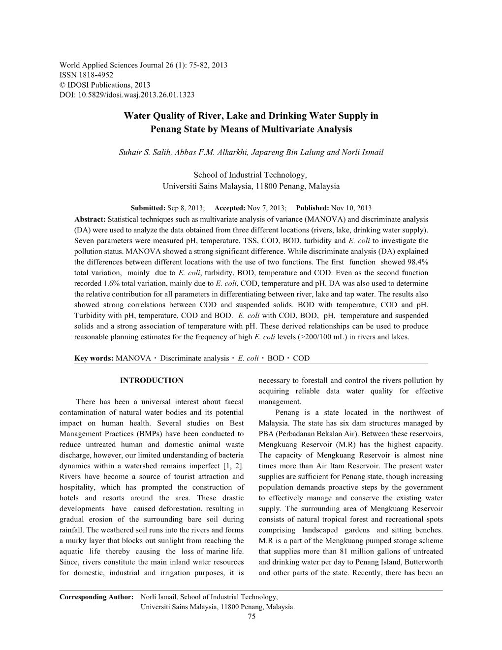 Water Quality of River, Lake and Drinking Water Supply in Penang State by Means of Multivariate Analysis