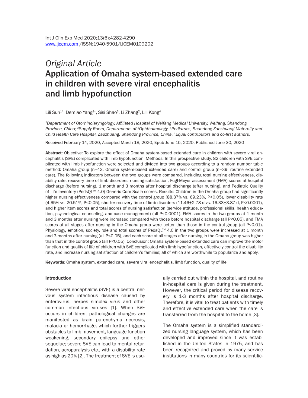 Original Article Application of Omaha System-Based Extended Care in Children with Severe Viral Encephalitis and Limb Hypofunction