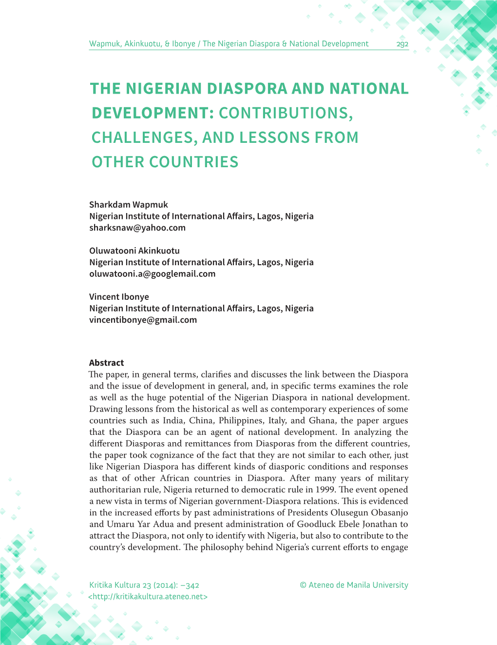 The Nigerian Diaspora and National Development: Contributions, Challenges, and Lessons from Other Countries