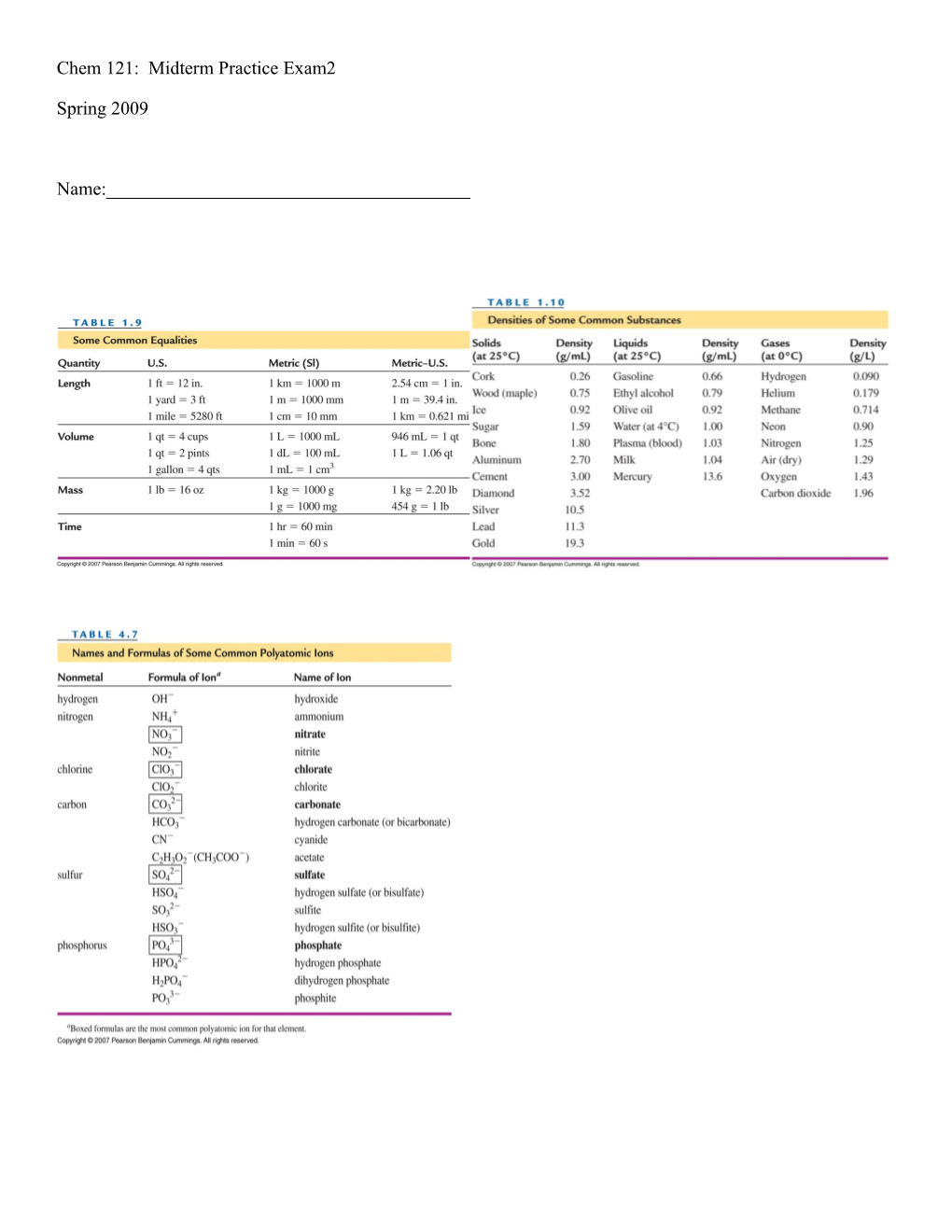 Chem 121: Midterm Practice Exam2