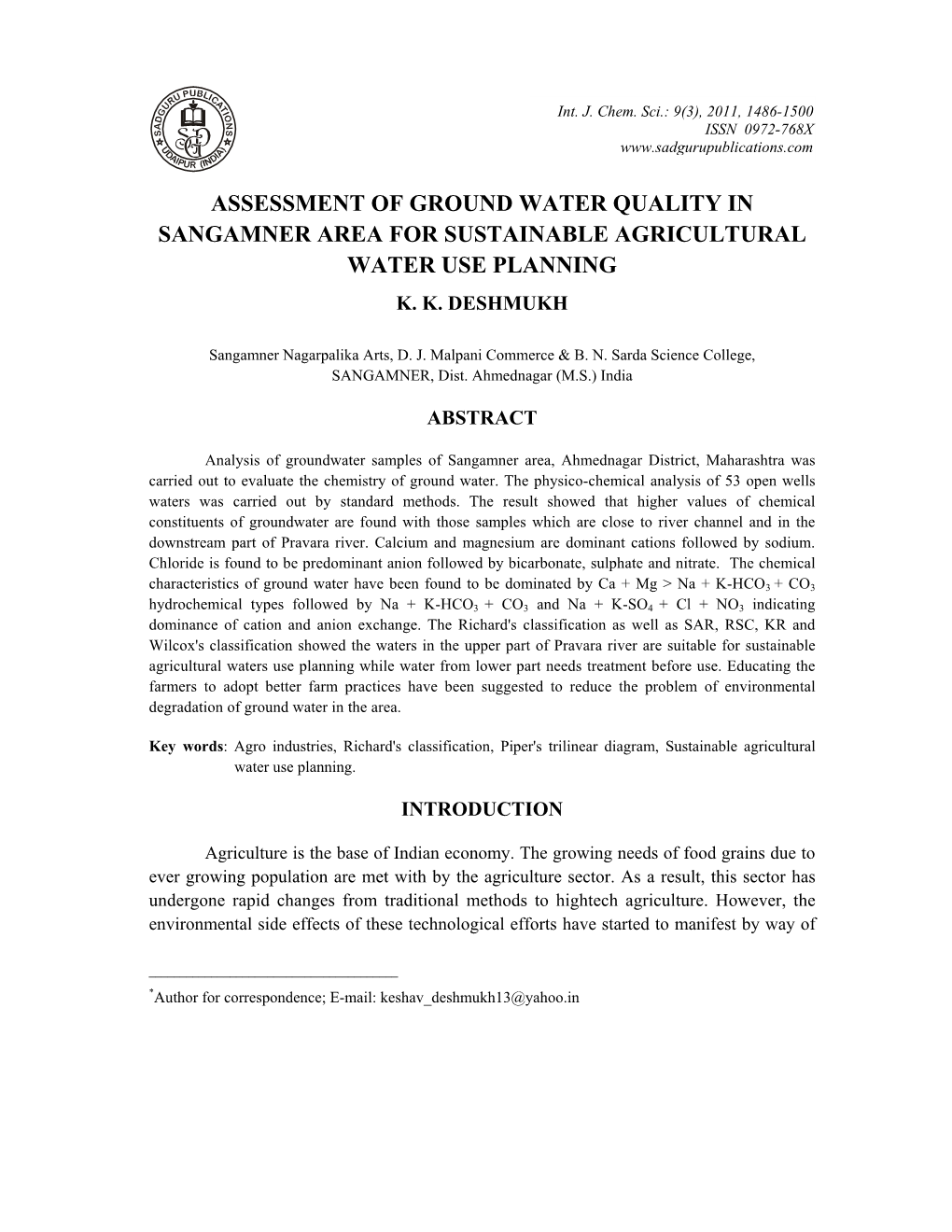 Assessment of Ground Water Quality in Sangamner Area for Sustainable Agricultural Water Use Planning K