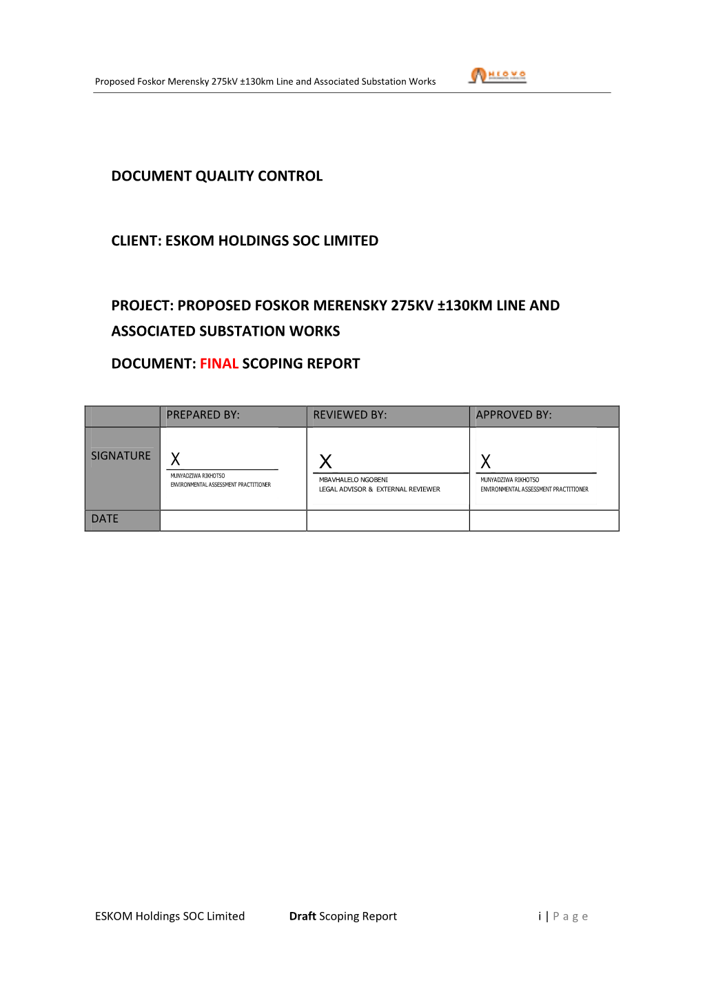 Proposed Foskor Merensky 275Kv ±130Km Line and Associated Substation Works