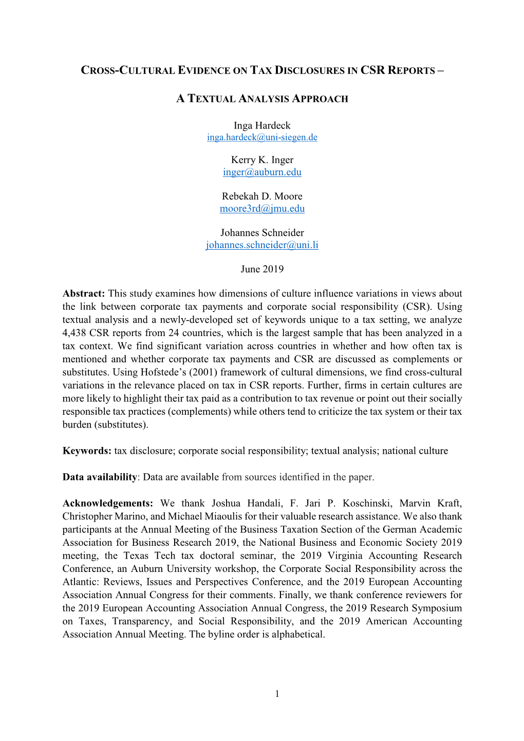 Cross-Cultural Evidence on Tax Disclosures in Csr Reports –