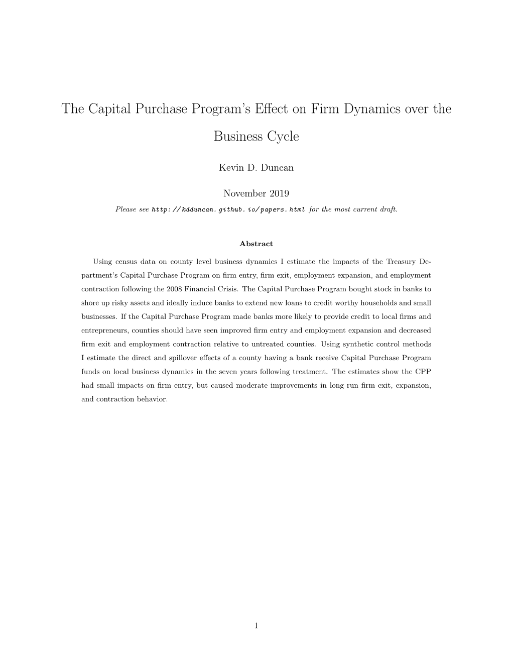 The Capital Purchase Program's Effect on Firm Dynamics Over the Business Cycle