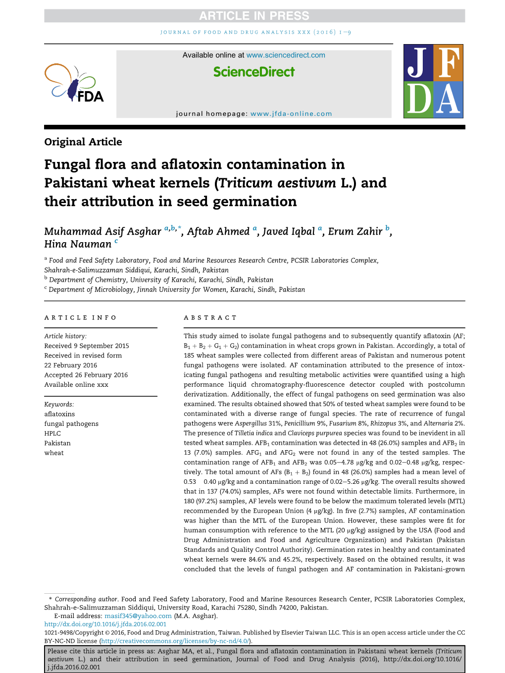 Fungal Flora and Aflatoxin Contamination In