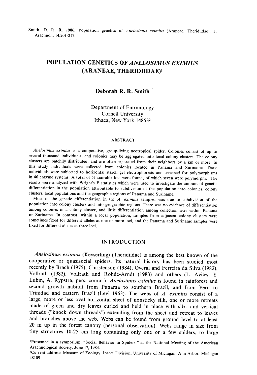 Population Genetics of Anelosimus Eximius (Araneae, Theridiidae)