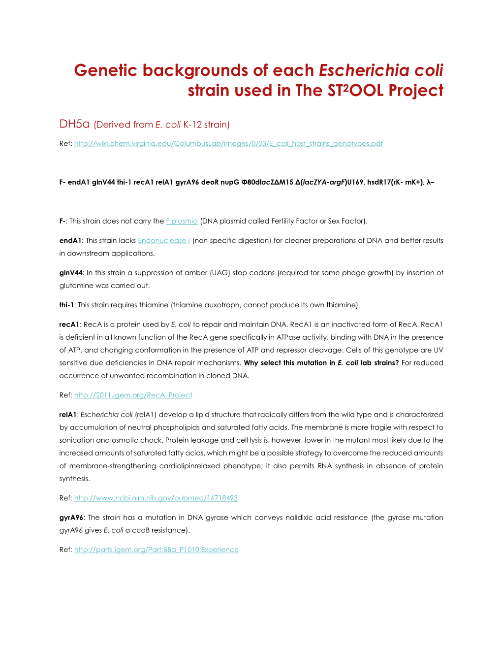 Genetic Backgrounds of Each Escherichia Coli Strain Used in the ST2OOL Project