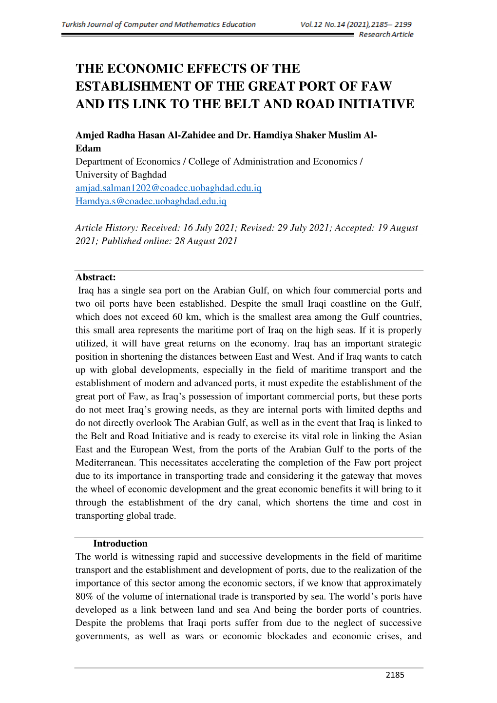 The Economic Effects of the Establishment of the Great Port of Faw and Its Link to the Belt and Road Initiative