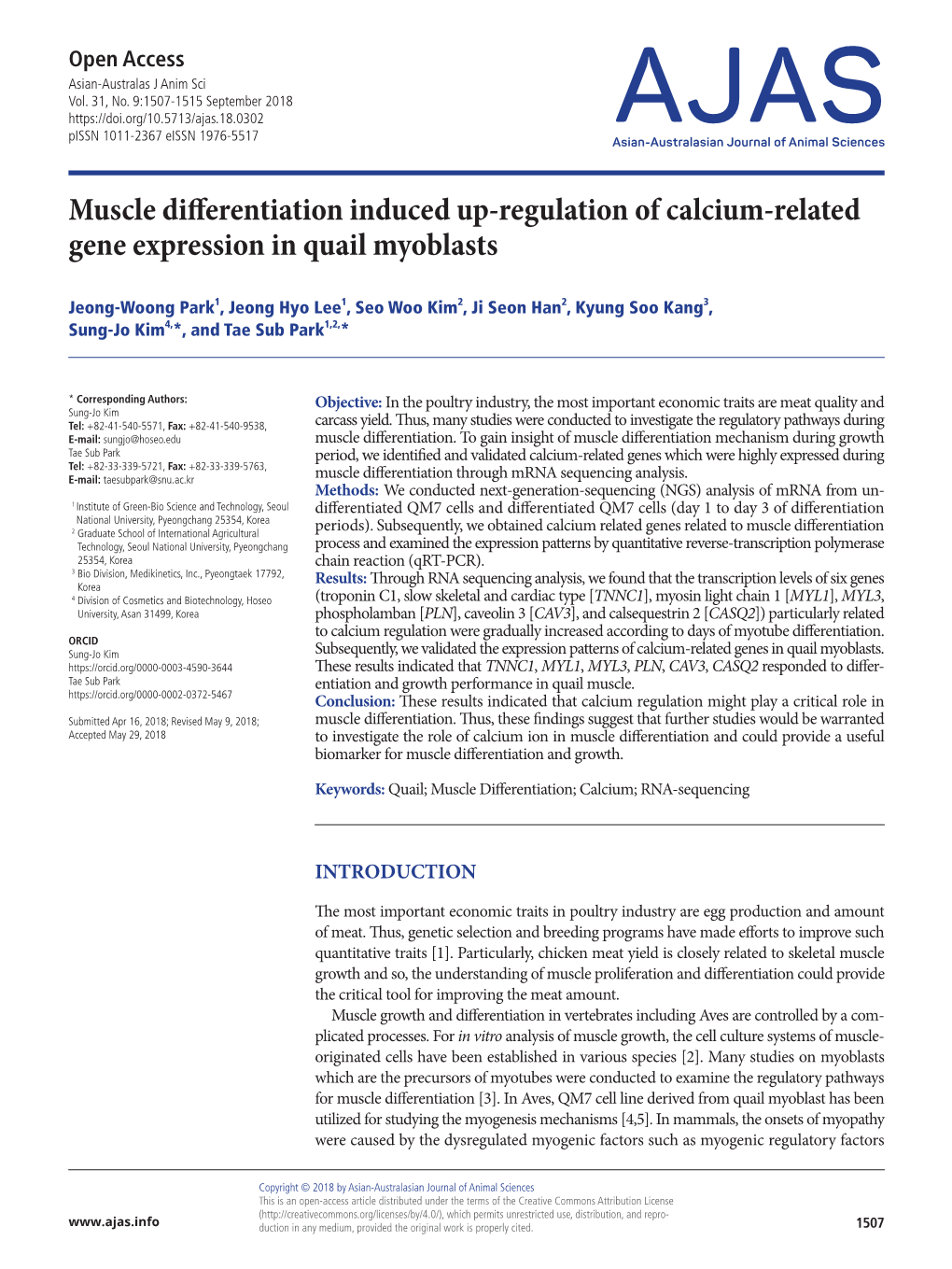 Muscle Differentiation Induced Up-Regulation of Calcium-Related Gene Expression in Quail Myoblasts