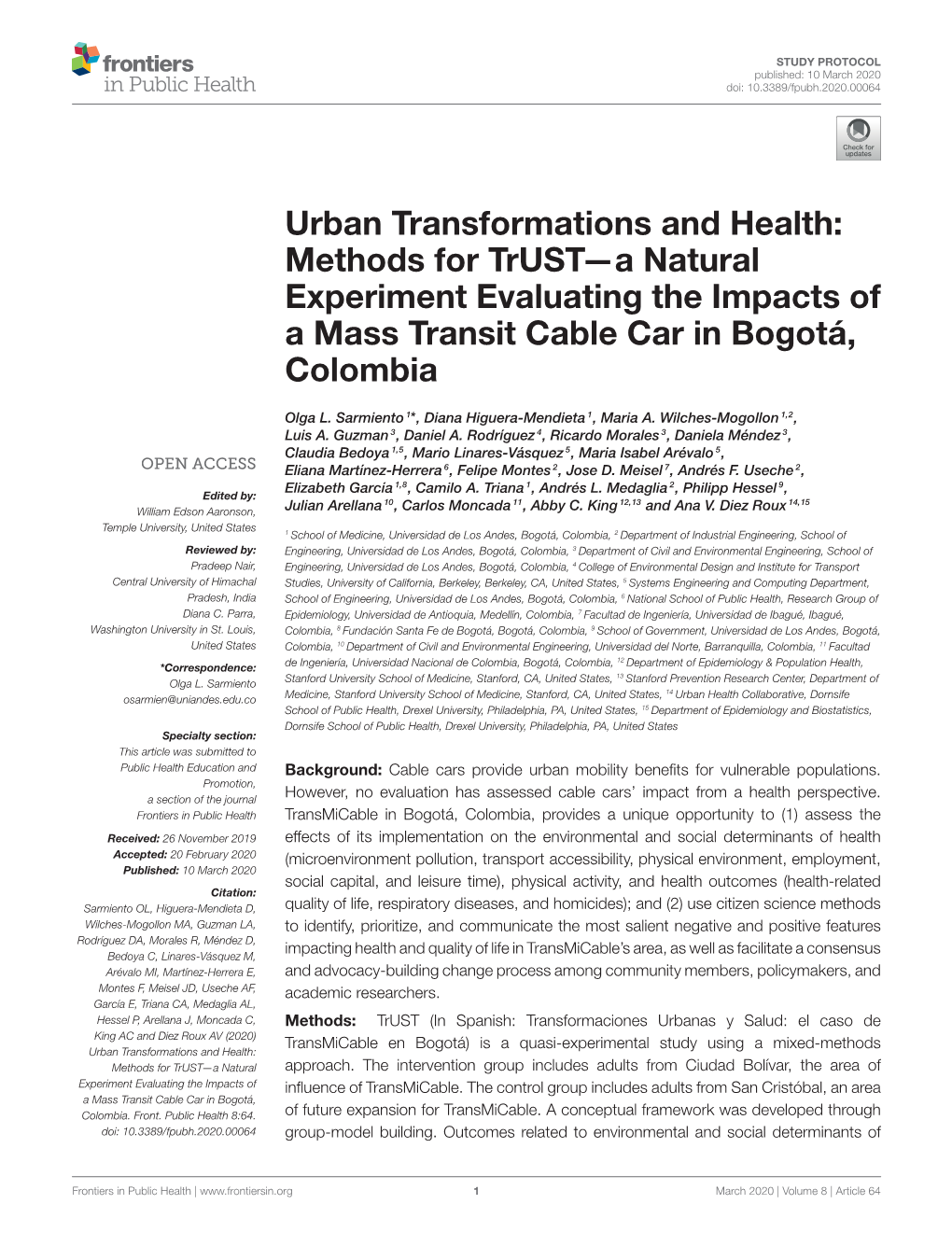 Urban Transformations and Health: Methods for Trust—A Natural Experiment Evaluating the Impacts of a Mass Transit Cable Car in Bogotá, Colombia
