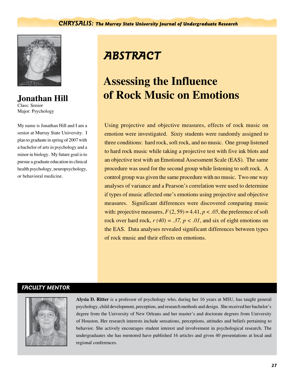 ABSTRACT Assessing the Influence of Rock Music on Emotions