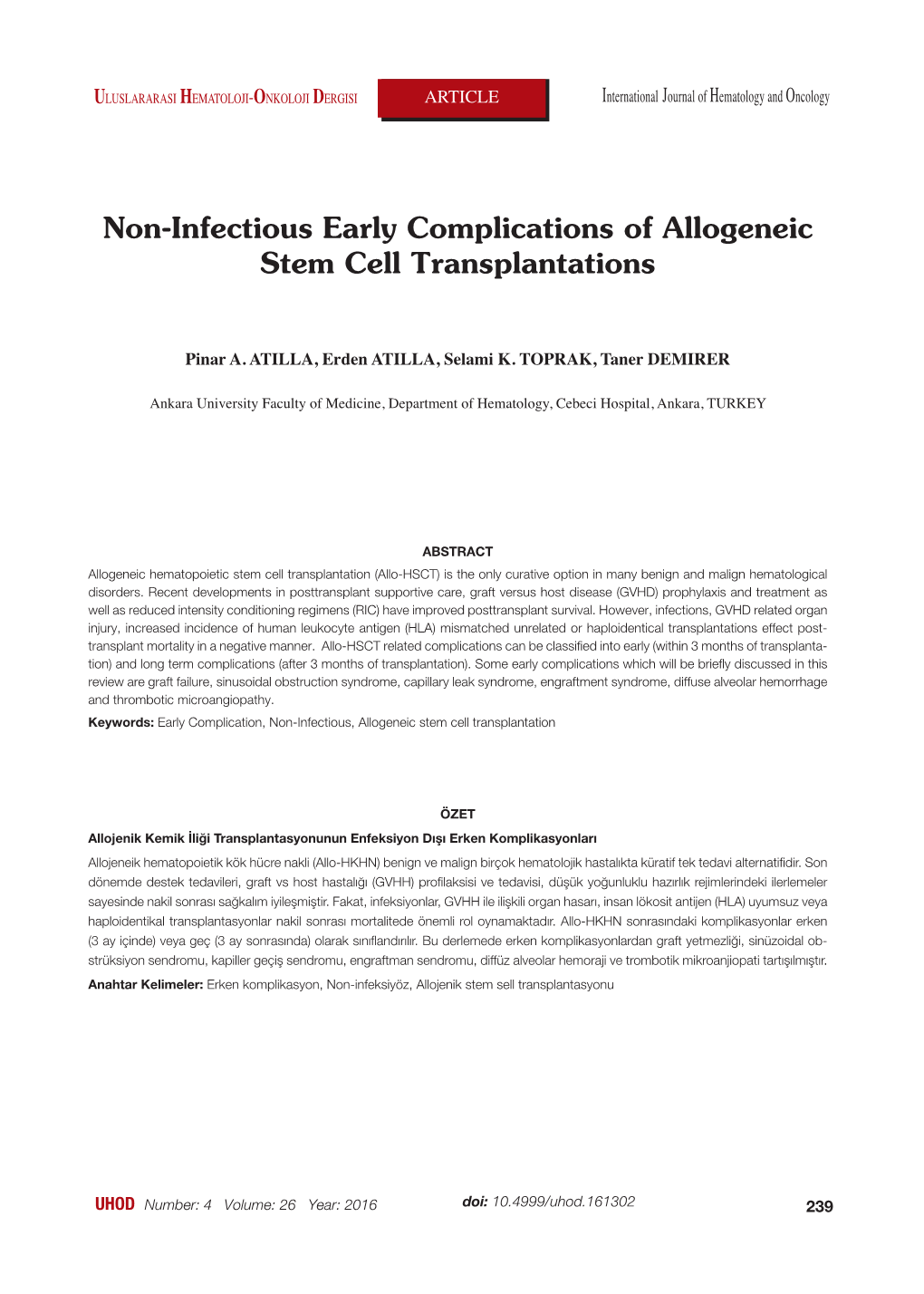 Non-Infectious Early Complications of Allogeneic Stem Cell Transplantations