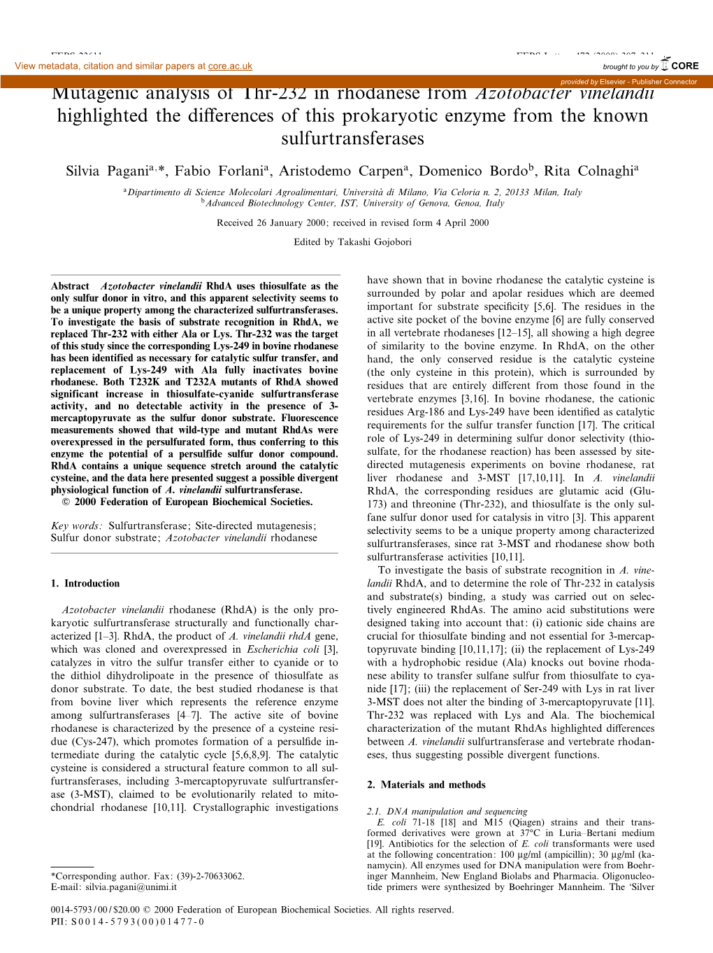 Mutagenic Analysis of Thr-232 in Rhodanese from Azotobacter