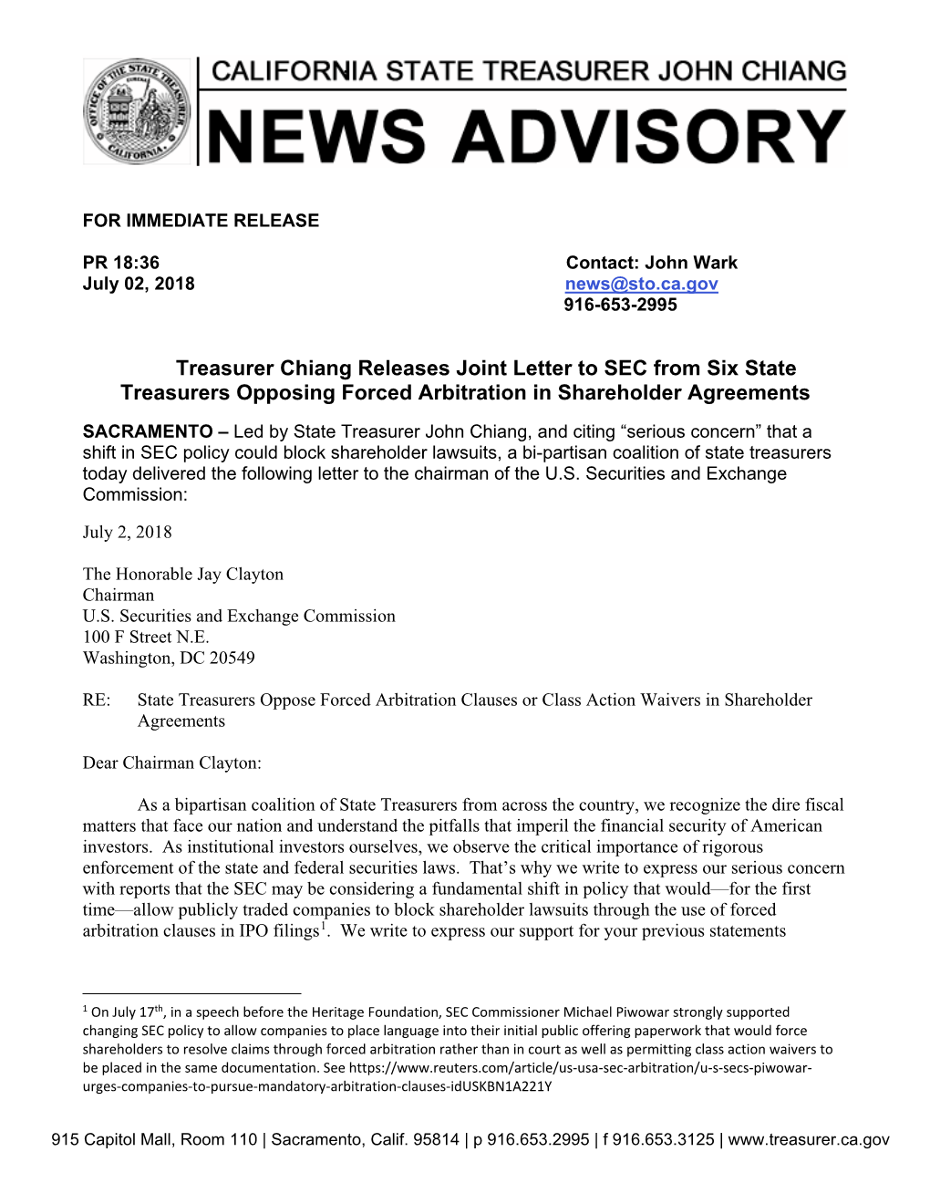 Treasurer Chiang Releases Joint Letter to SEC from Six State Treasurers Opposing Forced Arbitration in Shareholder Agreements