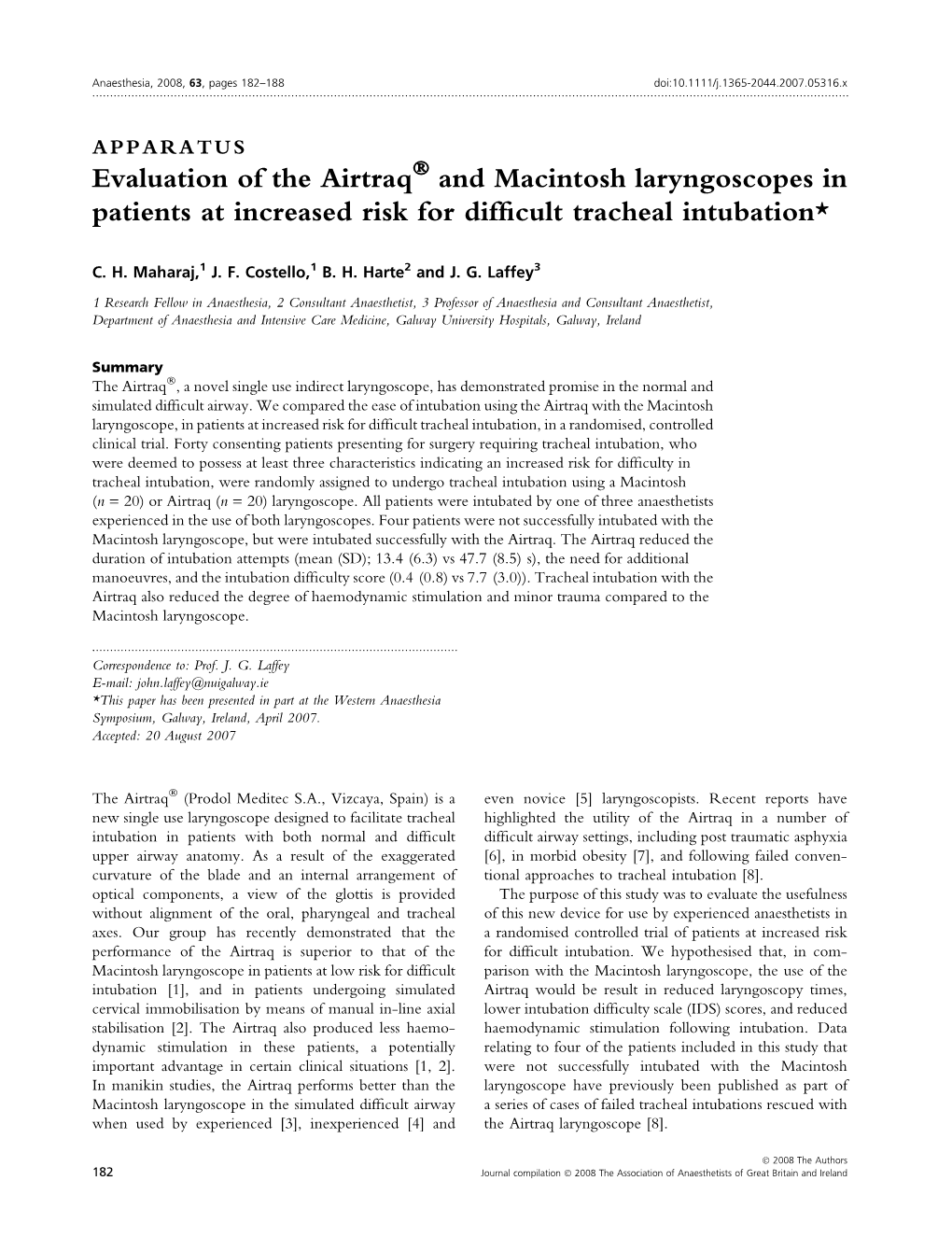 Evaluation of the Airtraq and Macintosh Laryngoscopes