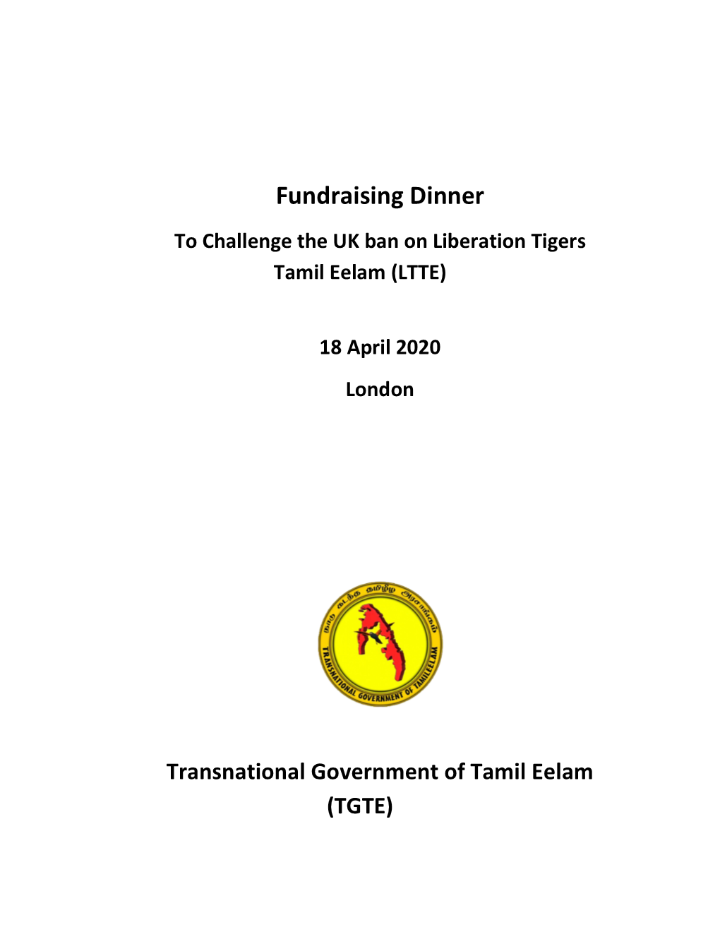 Fundraising Dinner to Challenge the UK Ban on Liberation Tigers Tamil Eelam (LTTE)