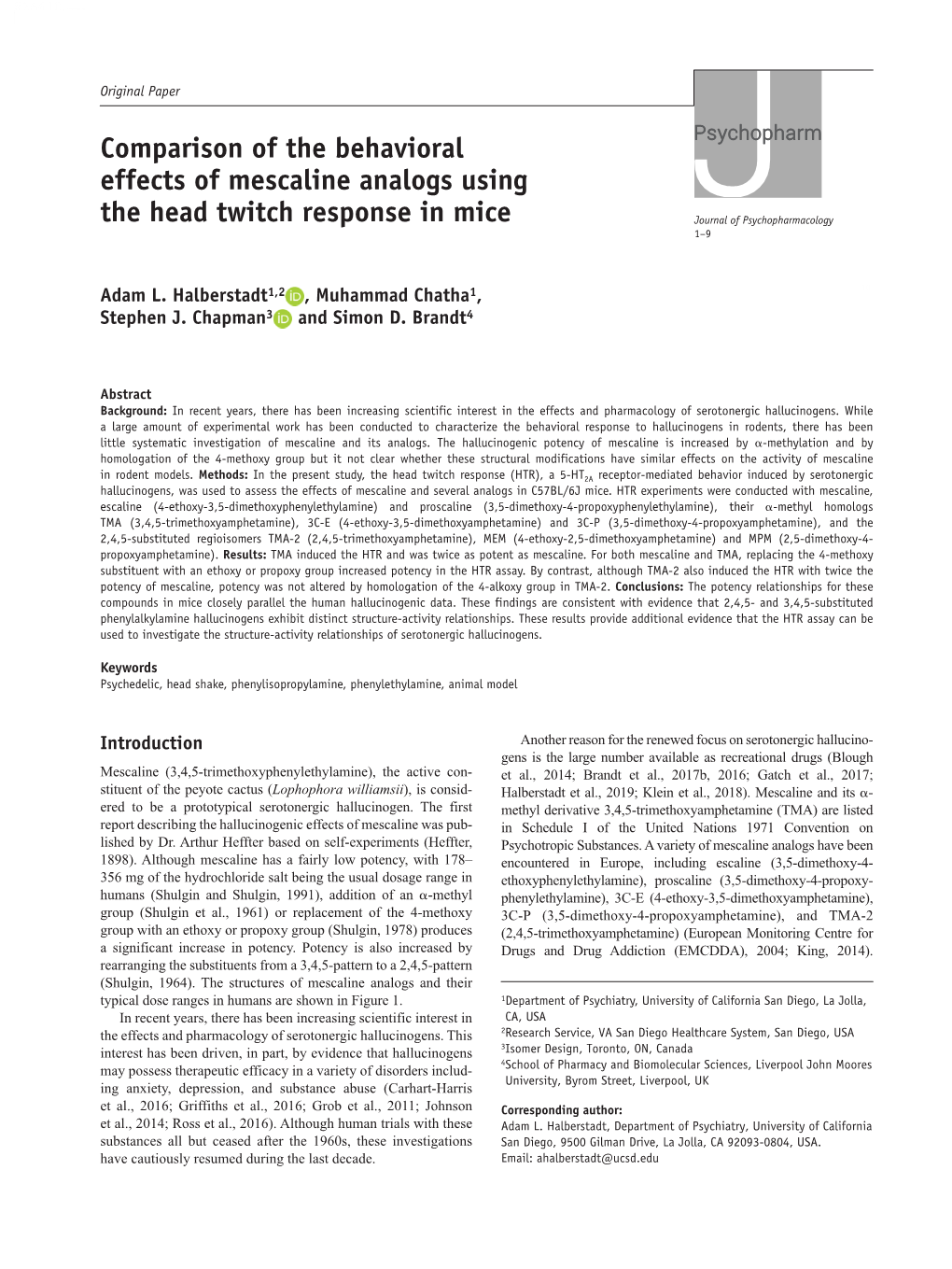 Comparison of the Behavioral Effects of Mescaline Analogs Using The