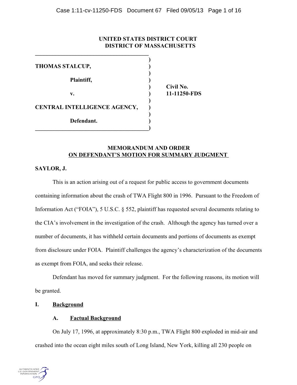 Case 1:11-Cv-11250-FDS Document 67 Filed 09/05/13 Page 1 of 16