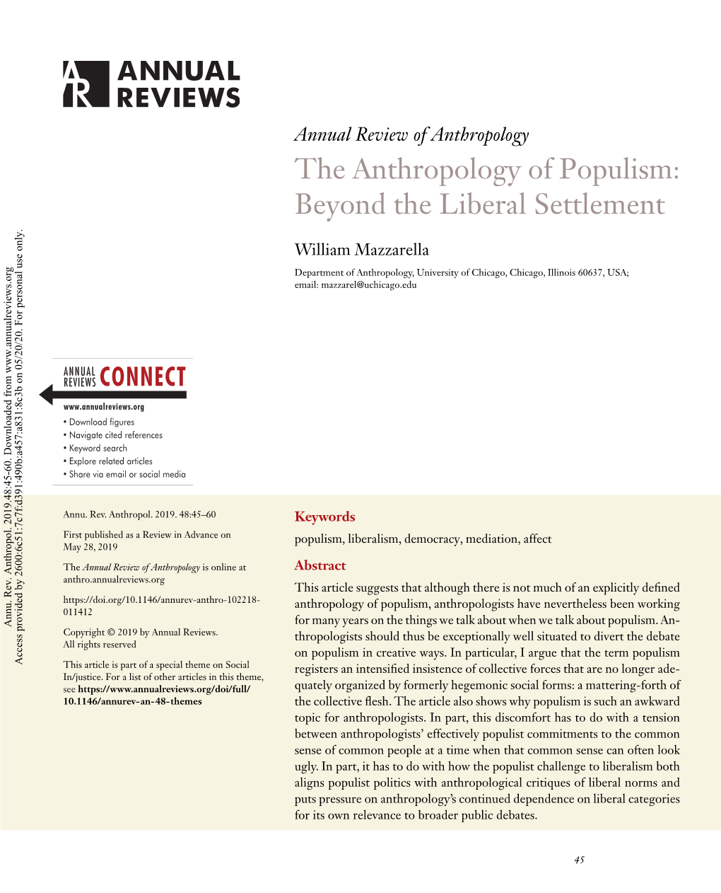 The Anthropology of Populism: Beyond the Liberal Settlement