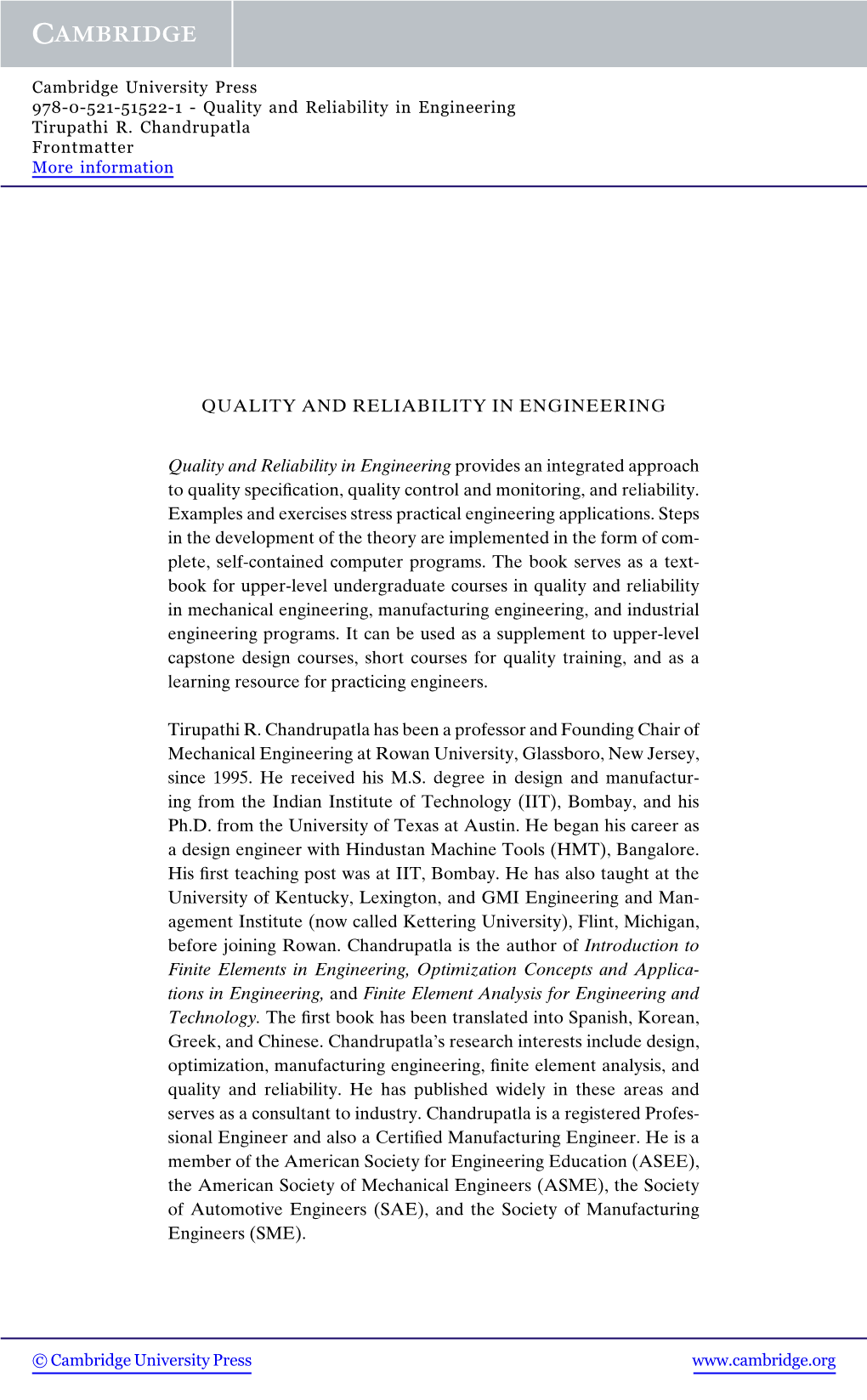 QUALITY and RELIABILITY in ENGINEERING Quality And
