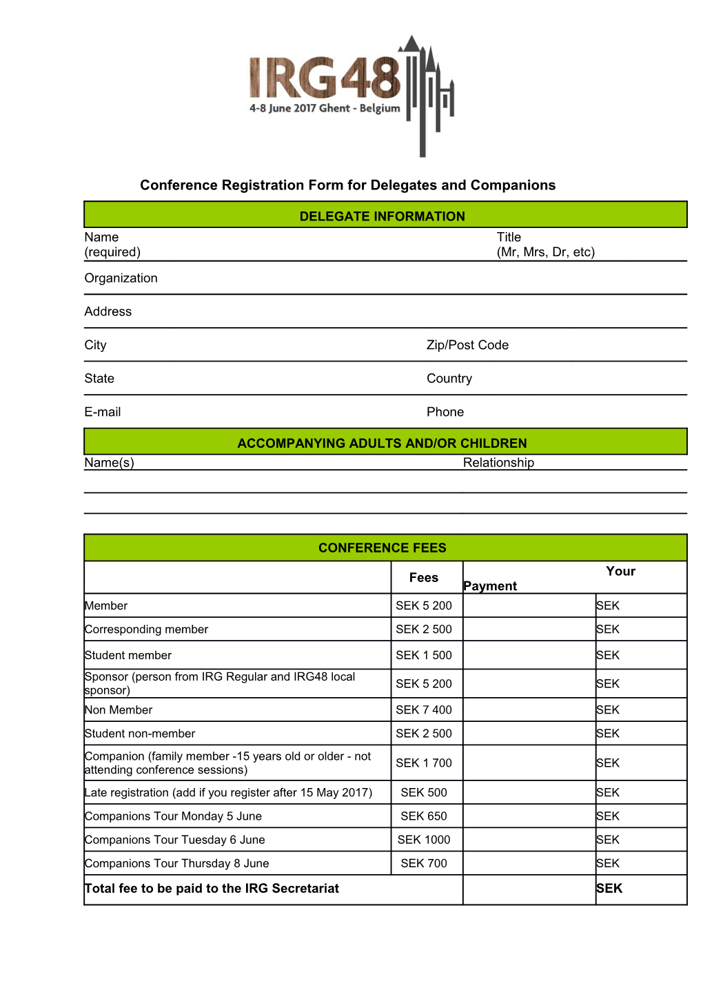 Conference Registration Form for Delegates and Companions