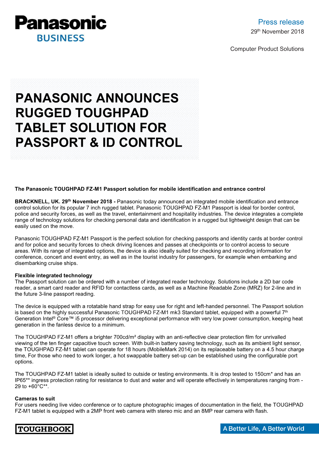 Panasonic Announces Rugged Toughpad Tablet Solution for Passport & Id Control